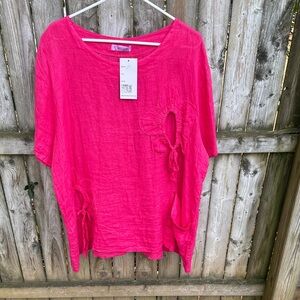 Transparente NWT Pink Linen Flower Top Tunic Flowers appliqué One Size O/S